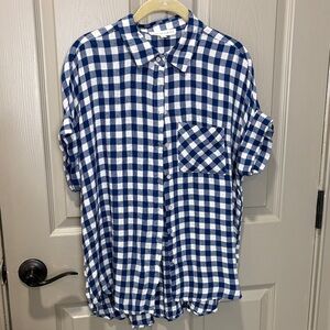 Women's Jane and Delancey Blue and White Checkered Dropped Sleeve Blouse MED GUC